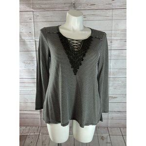 Wallpaper Womens Size M Green Striped Shirt Crochet V neck Long Sleeve Top Soft